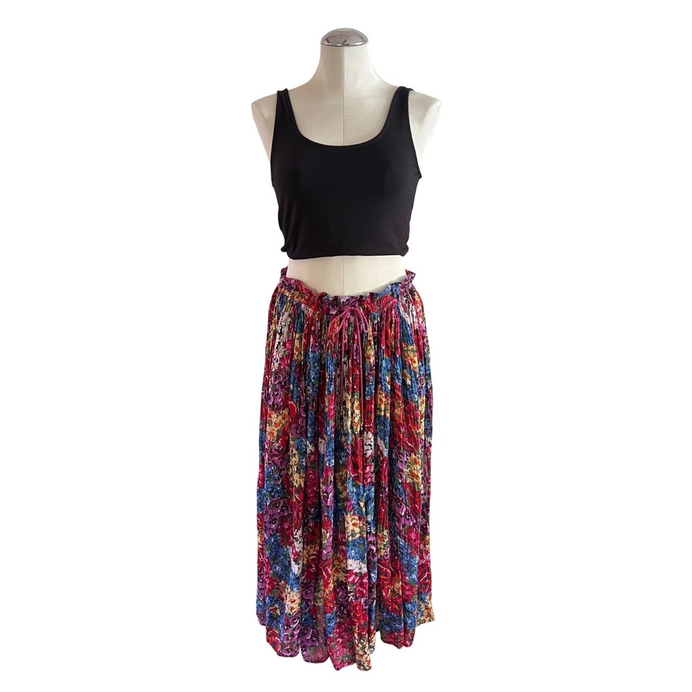 Floral Broomstick Maxi Skirt Drawstring Cotton Boho Small India Vintage 90s